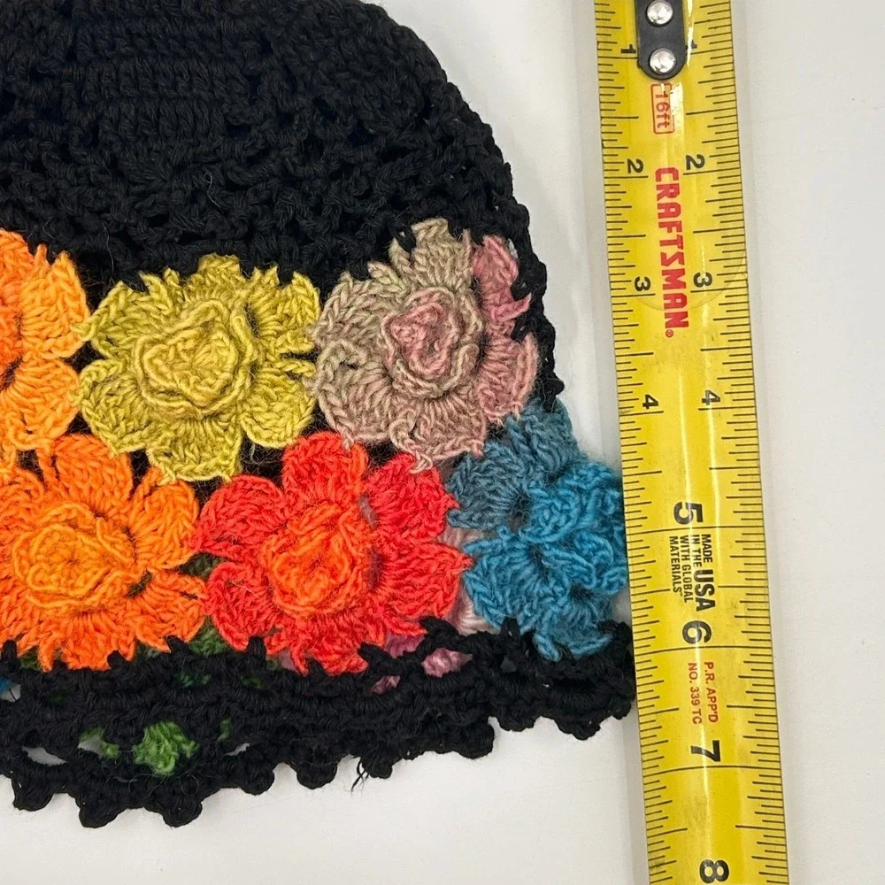 Handmade Crochet Floral Beanie Black Multicolor Boho 3D Flower Skull‎ Cap Hat